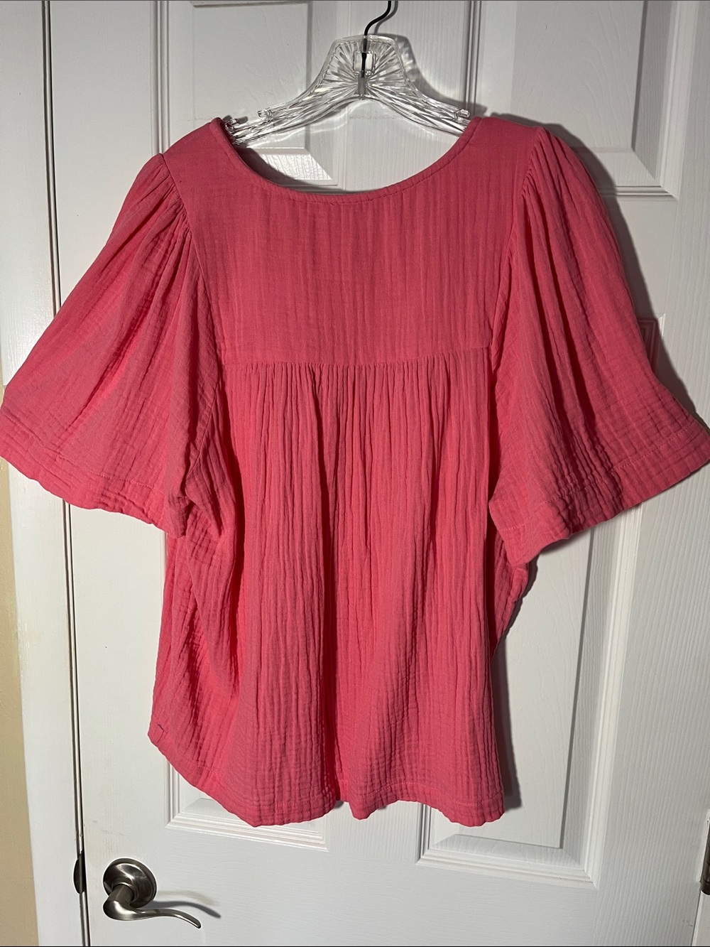 Sundance KAORI cotton crinkle gauze coral pullover short bell sleeves vneck LG - Picture 6 of 9